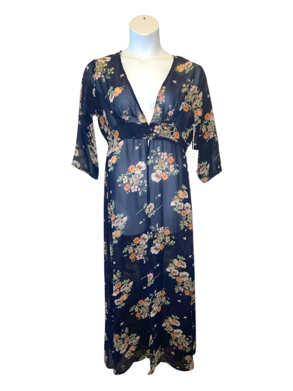 Navy Floral Maxi Cover-Up Dress with Smocked Waist and Three-Quarter Sleeves